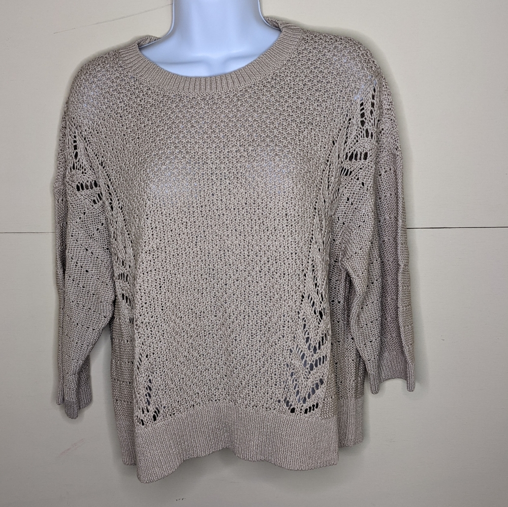LOFT Open Knit Crochet Sweater 100% Cotton in Tan